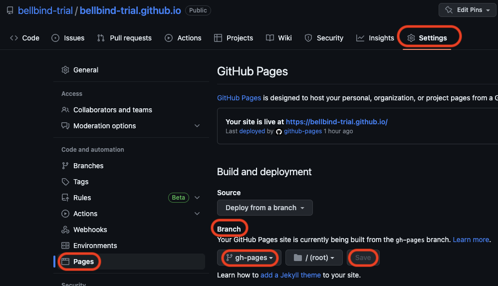 Setting - Pages - Branchをgh-pagesへ変更しSave